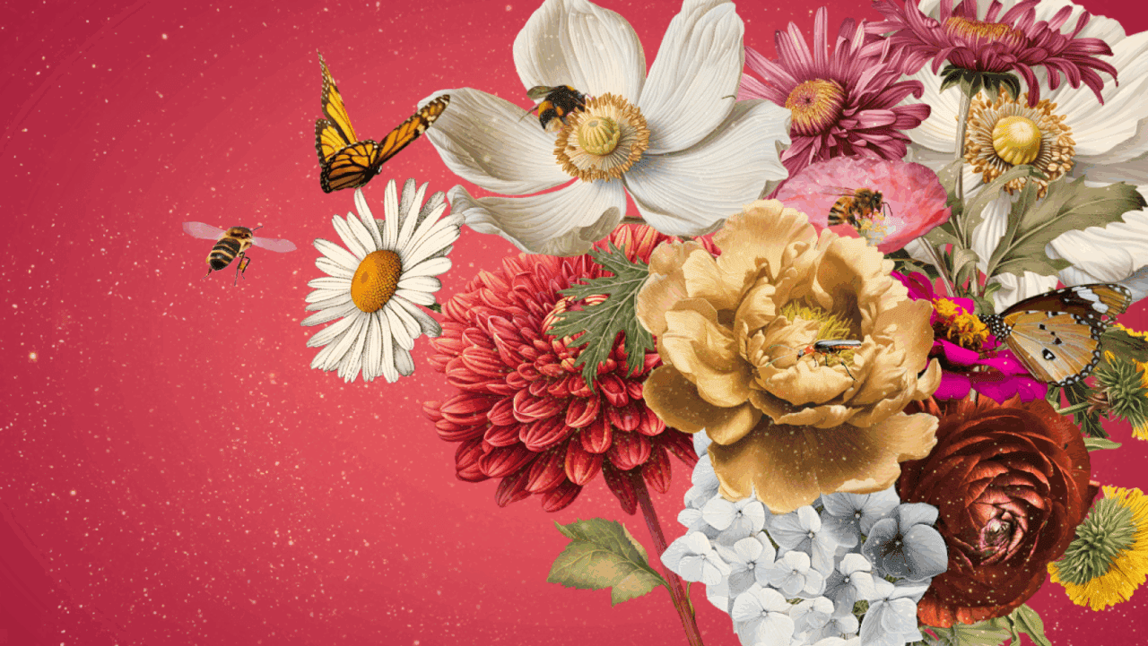 A digital collage of flowers with butterflies and bees actively pollinating.