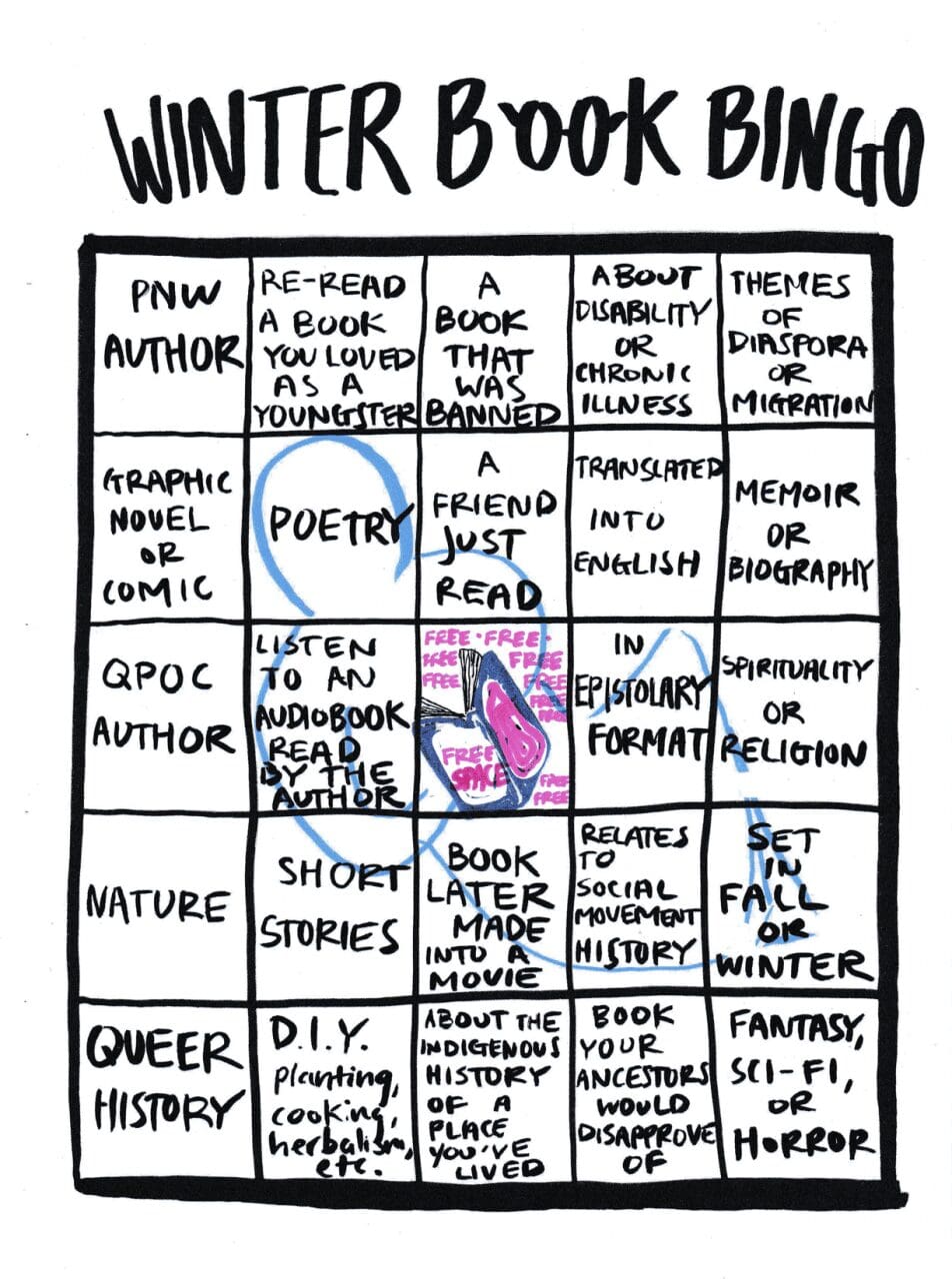 A hand-drawn bingo board that says "Winter Book Bingo" at the top. Categories are: PNW author, re-read a book you loved as a youngster, a book that was banned, a book about disability, themes of diaspora or migration, graphic novel or comic, poetry, a friend just read, translated into english, memoir or biography, QPOC author, listen to an audiobook read by author, free, epistolary format, spirituality or religion, nature, short stories, book later made into a movie, relates to social movement history, set in fall or winter, queer history, DIY, about the indigenous history of a place you've lived, book your ancestors would disapprove of, fantasy or sci-fi or horror.