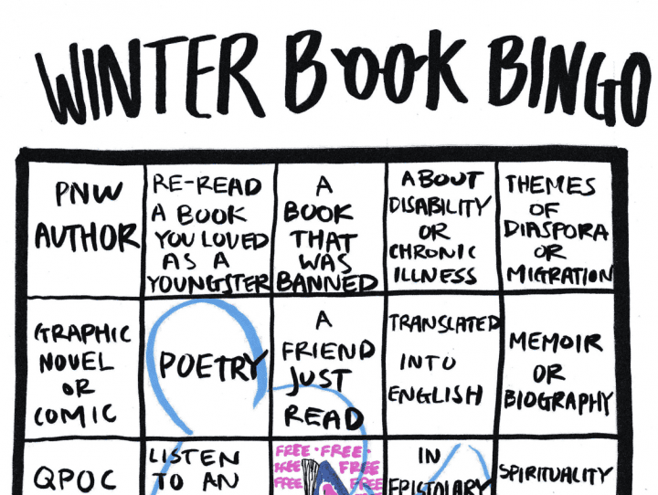 A hand-drawn bingo board that says "Winter Book Bingo" at the top. Categories are: PNW author, re-read a book you loved as a youngster, a book that was banned, a book about disability, themes of diaspora or migration, graphic novel or comic, poetry, a friend just read, translated into english, memoir or biography, QPOC author, listen to an audiobook read by author, free, epistolary format, spirituality or religion, nature, short stories, book later made into a movie, relates to social movement history, set in fall or winter, queer history, DIY, about the indigenous history of a place you've lived, book your ancestors would disapprove of, fantasy or sci-fi or horror.